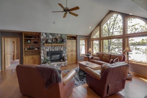 Beautiful stone fireplace with lake views!