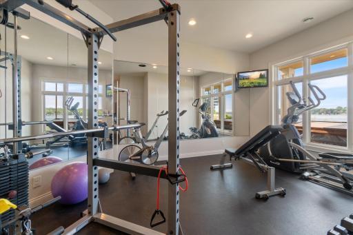 Exercise room with vibration free rubber floor. 2 more sets and you can enjoy the lake