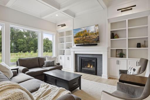 Main floor living room offers built in cabinet space & coffered ceilings