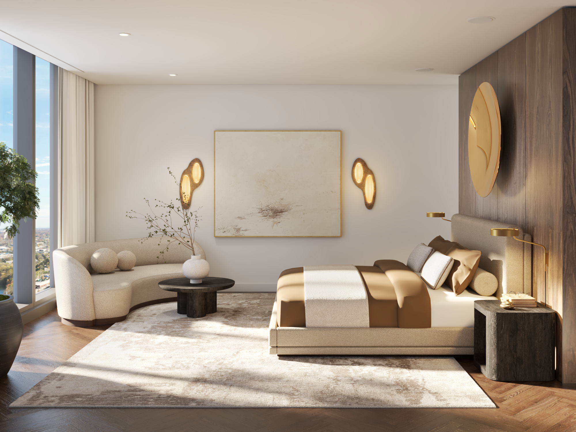 Primary bedroom suite features floor to ceiling views of the river and North Loop. Rendering may not reflect actual finished space.