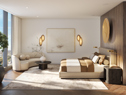 Primary bedroom suite features floor to ceiling views of the river and North Loop. Rendering may not reflect actual finished space.