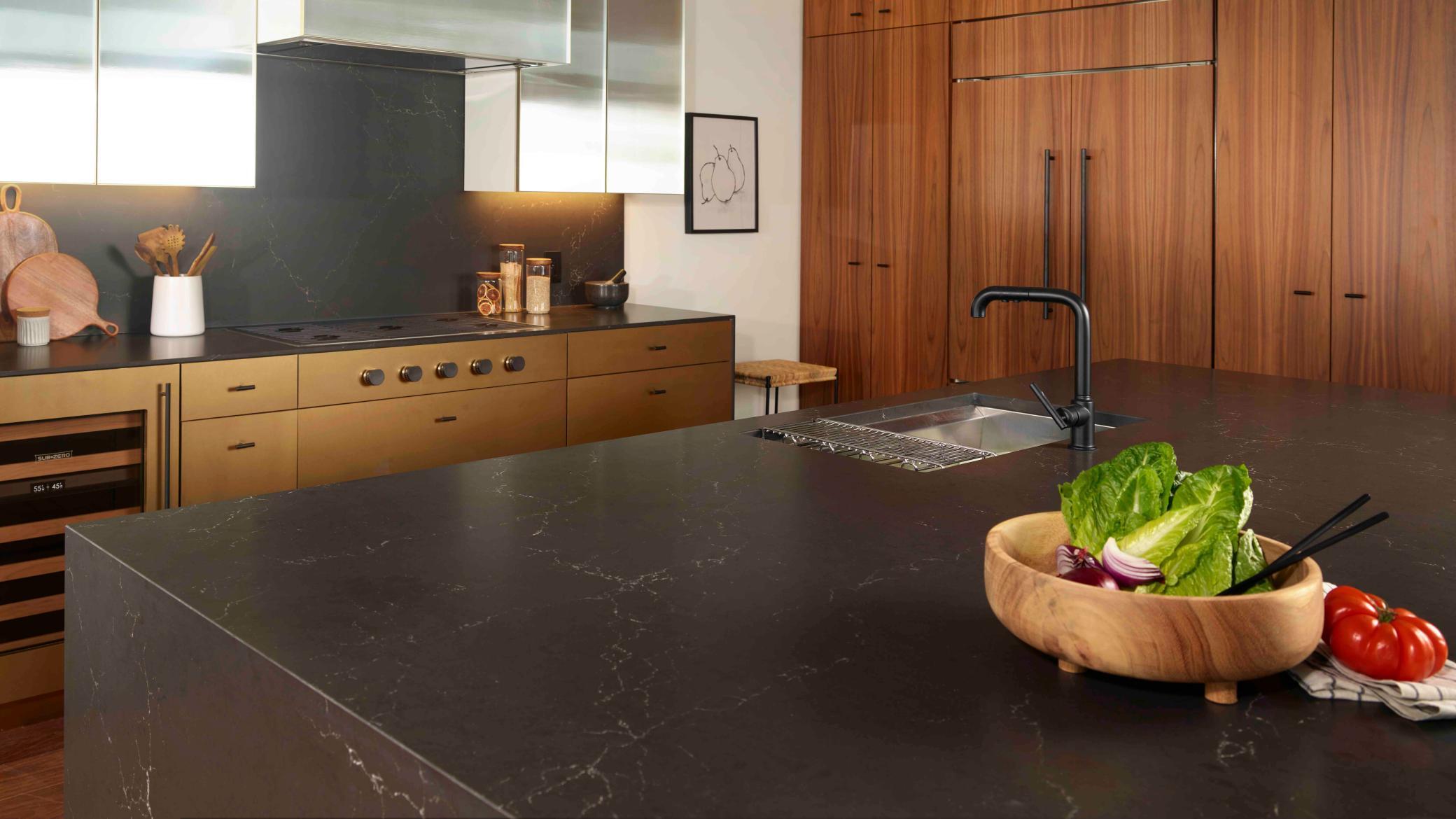 Modern Urban finish palette includes Cambria waterfall countertop, walnut wide plank flooring & trim. Photos courtesy of Cambria.