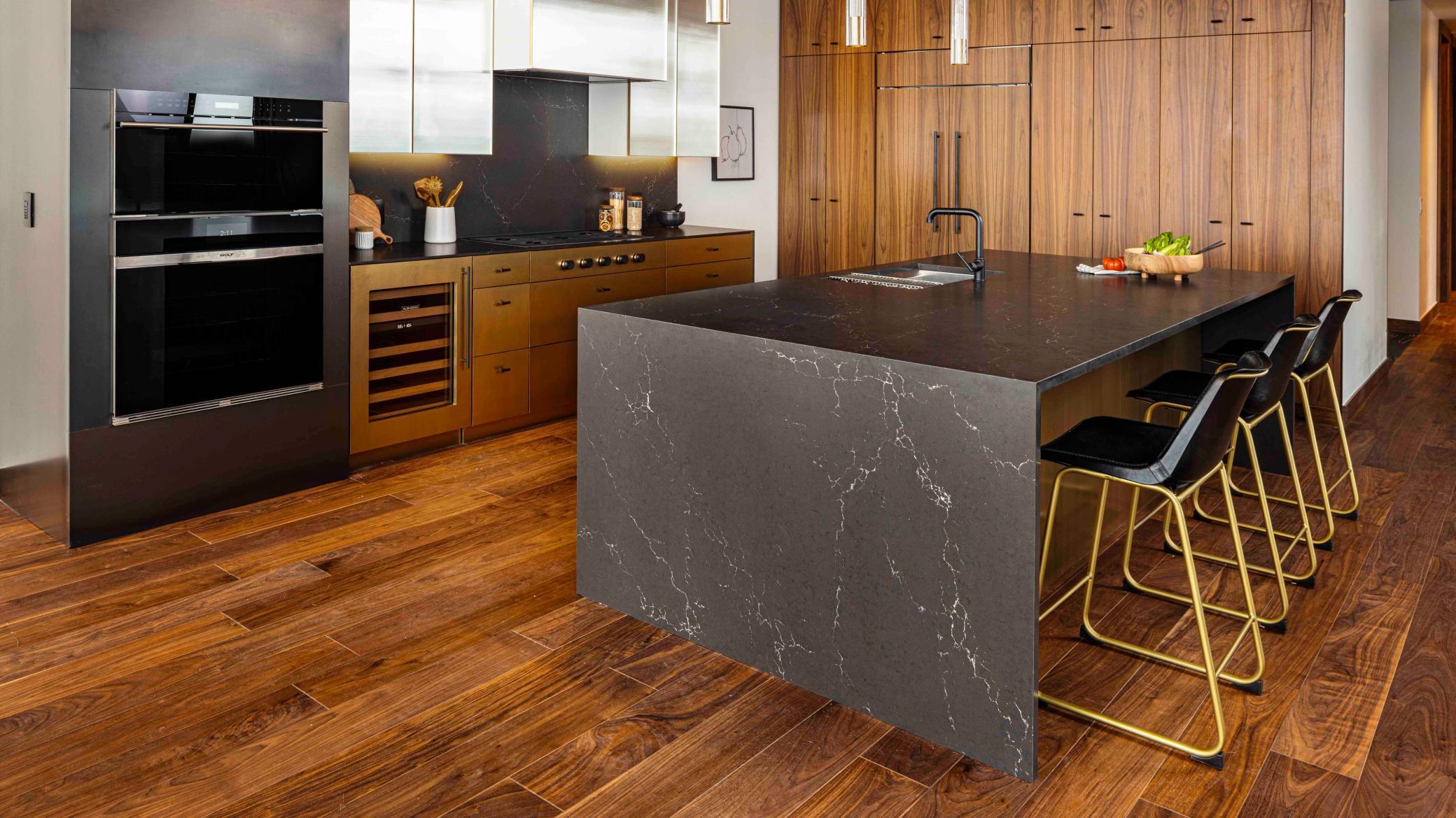 Modern Urban finish palette includes Cambria waterfall countertop, walnut wide plank flooring & trim. Photos courtesy of Cambria.