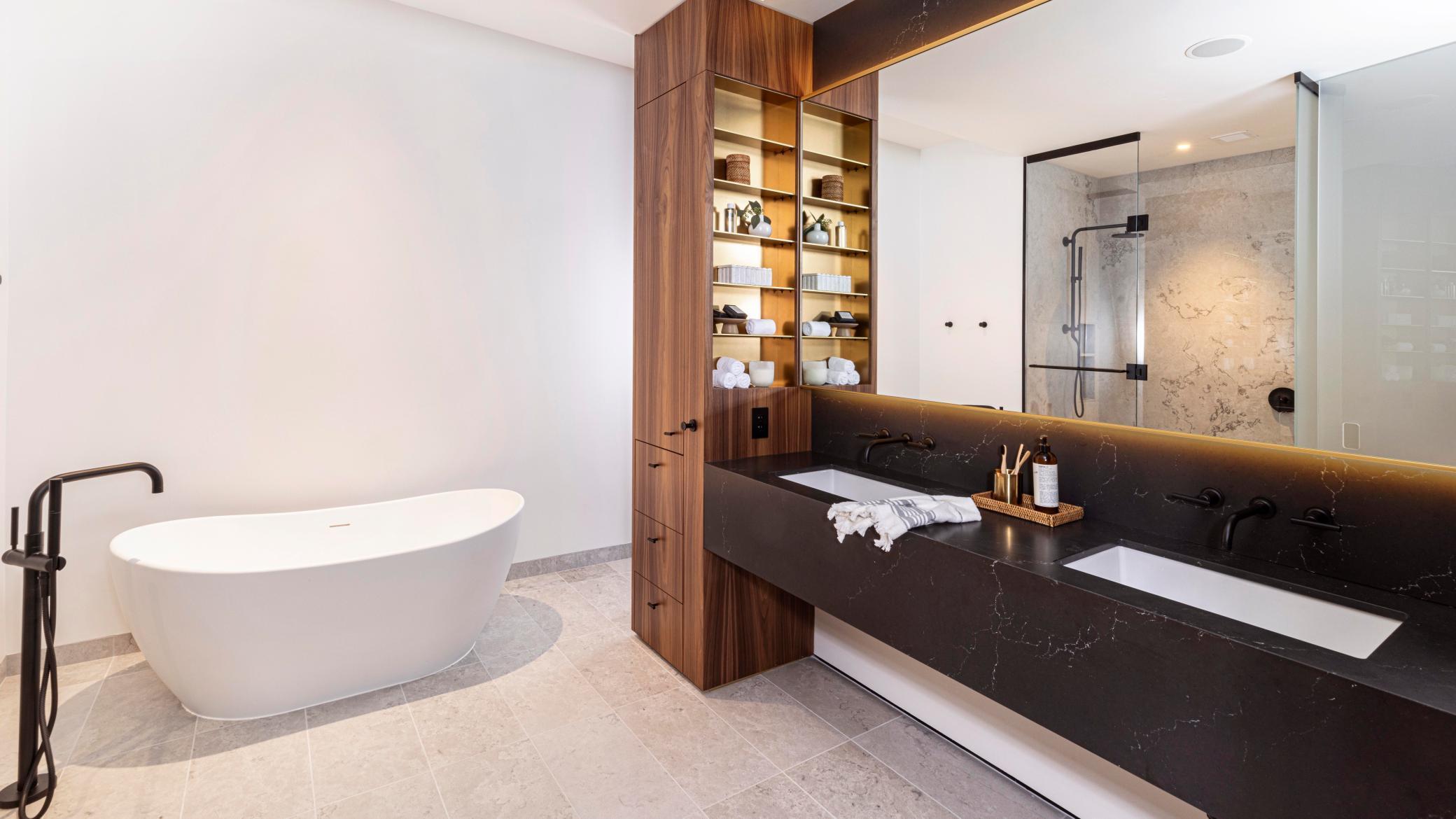 Modern Urban finish palette includes Cambria countertop, walnut finishes. Photos courtesy of Cambria.