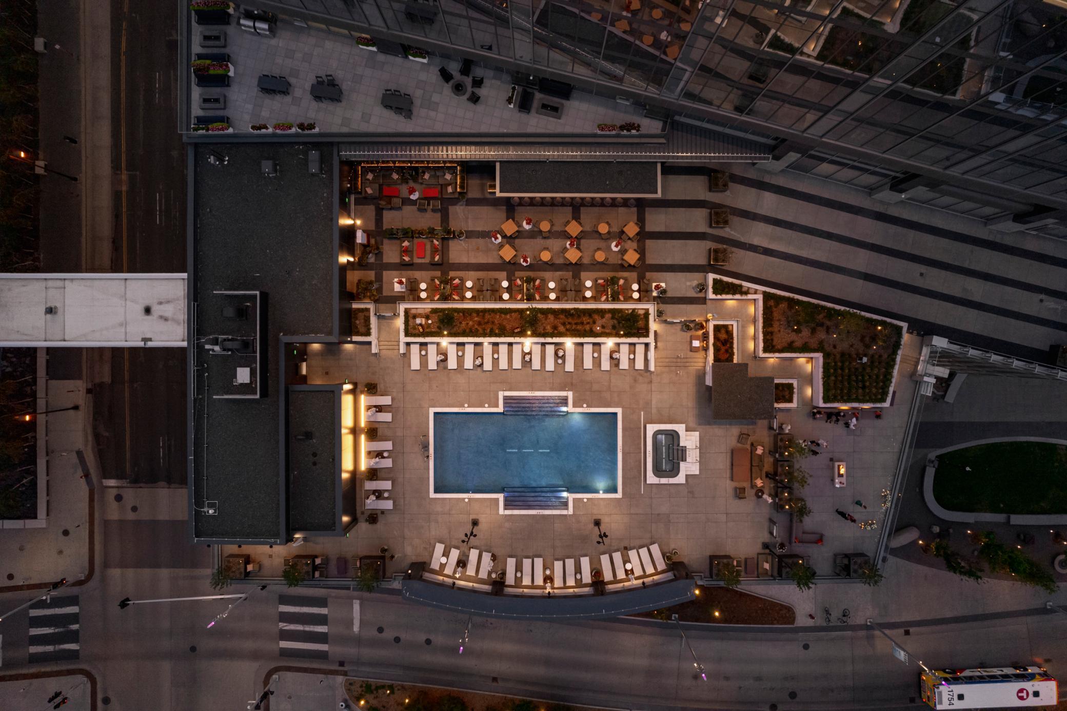 Birds eye view of outdoor pool deck & bar, Riva Terrace.