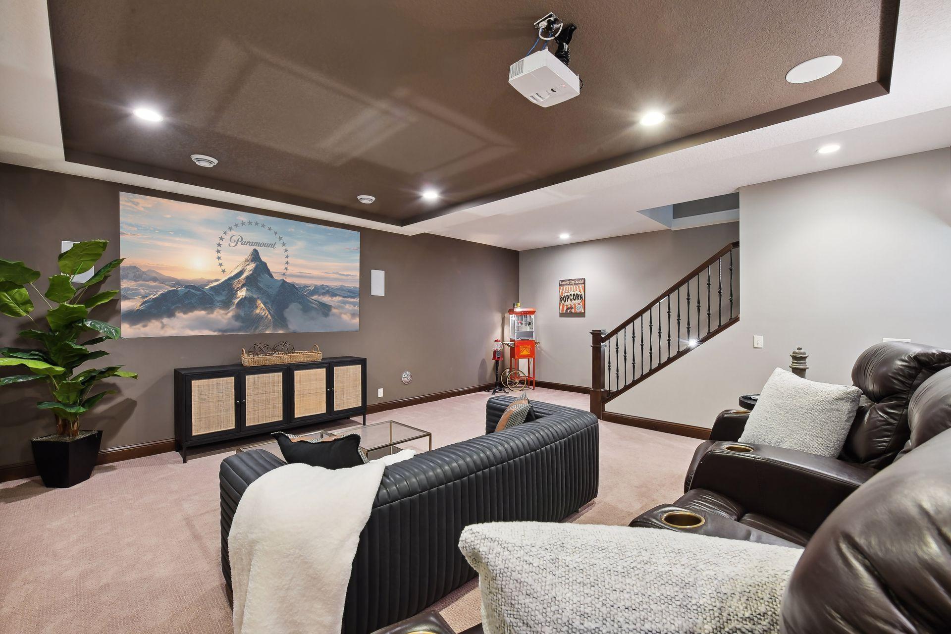 Wanting a home theater? This home welcomes buyers for a movie night to enjoy popcorn and more.