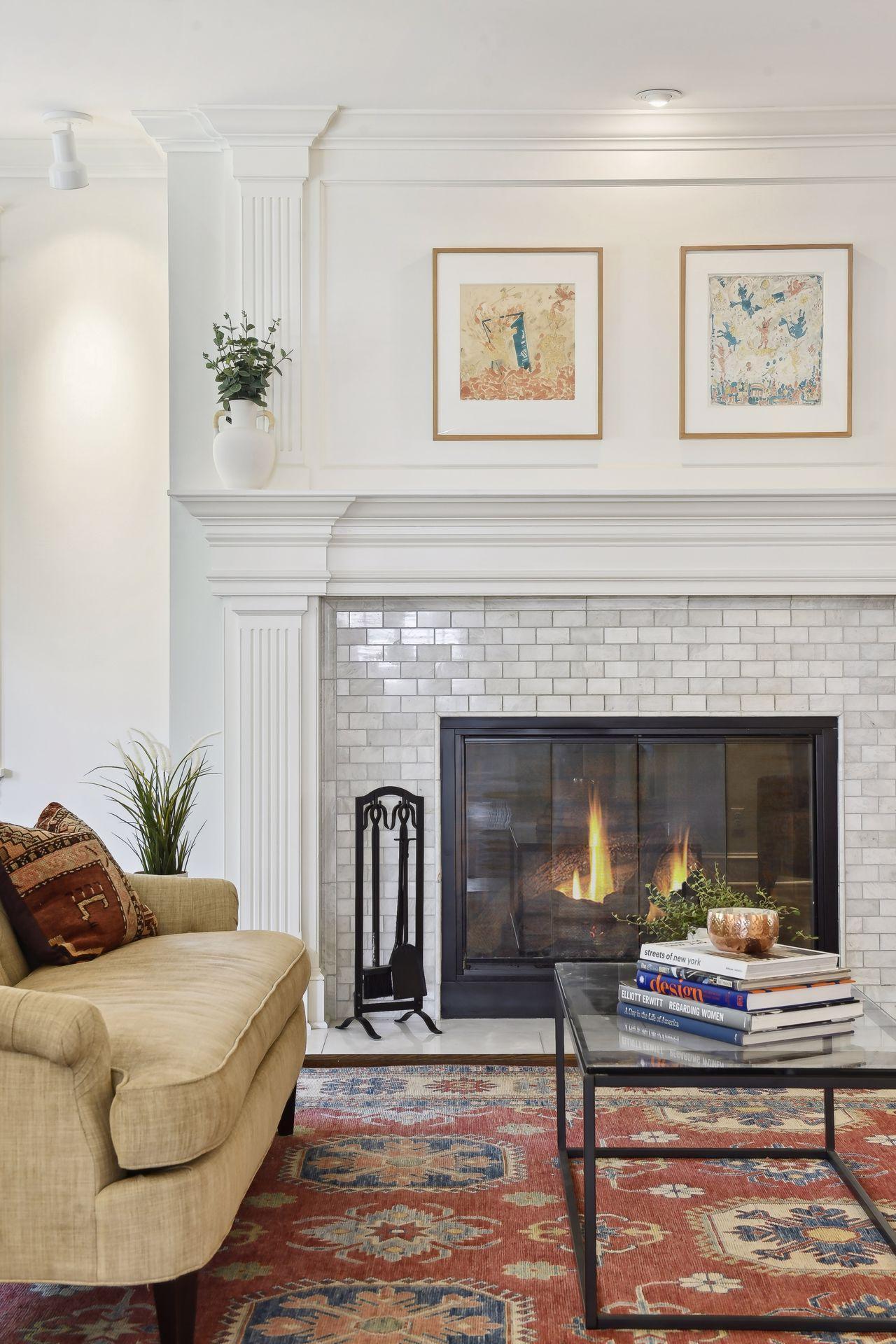 Marble faced, wood burning fireplace