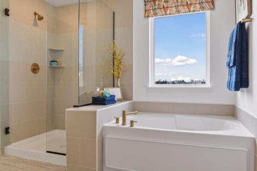 A glass incased shower and luxury bathtub are desired features offered in this beautiful home. This picture is from the model home.