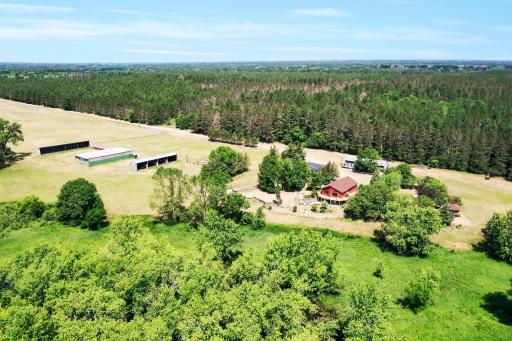 View of the arena, horse stalls, hay shed and the immediate access to 160 acres of abutting acreage that is part of the 2700 acres Sand Dunes State forest.
