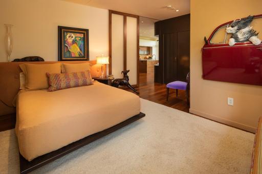 Additional view of the guest bedroom area with custom etched glass pocket doors.