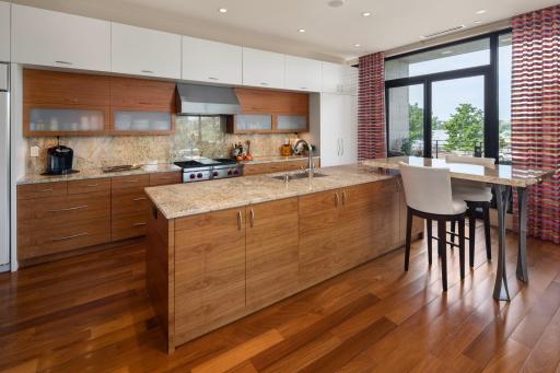 Extravagant and grand custom kitchen with Wolf stove, Sub Zero fridge and island sink. Brazilian walnut cabinetry and built in breakfast bar height table with hidden desk area. Enjoy sweeping views of the lake from the adjacent patio.