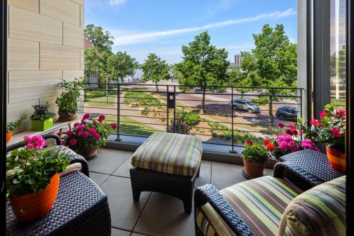 Enjoy the welcoming, calming lake views right outside the kitchen on your private balcony. Water hookup for easy access to plants and cleaning with easy maintenance concrete flooring.