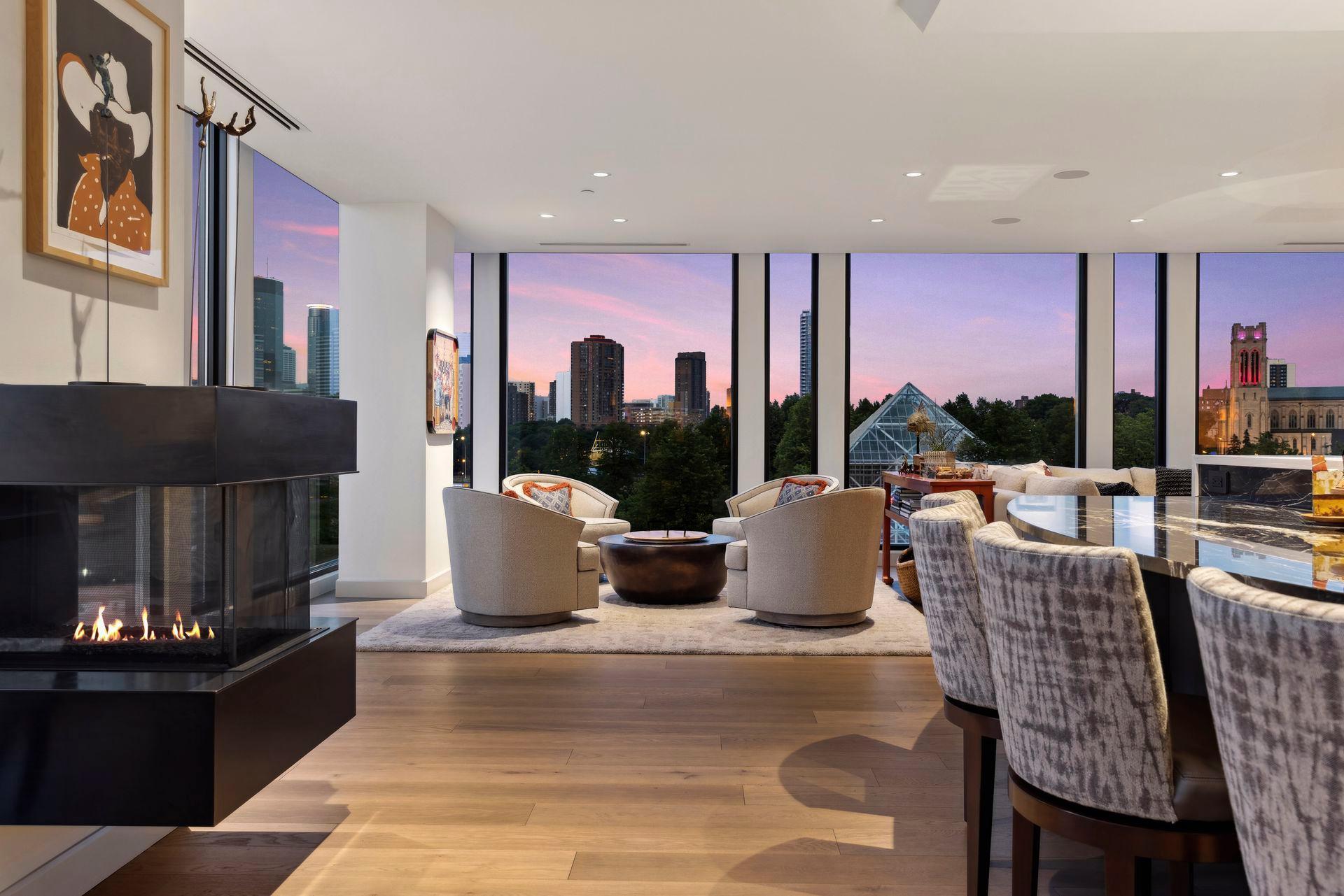 The cantilevered gas fireplace adds special ambiance in addition to warmth.