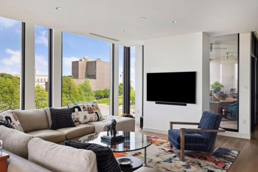 Just another day of incredible views. The Walker Art Center is your next door neighbor! You can see the porch to the right of the "Frame TV" which will display art instead of a black screen.