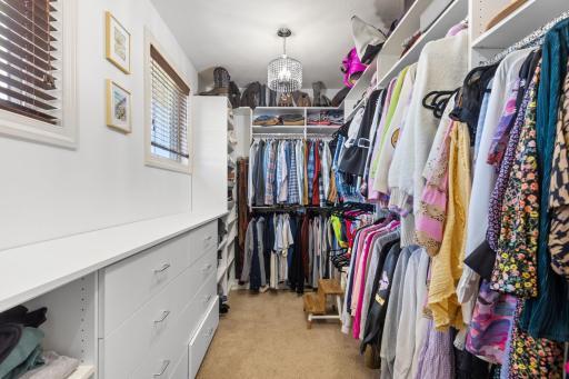 Primary suite includes a large walk-in closet with custom built-ins