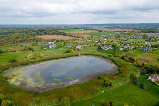 Aerial view of the back yard leading to the picturesque pond