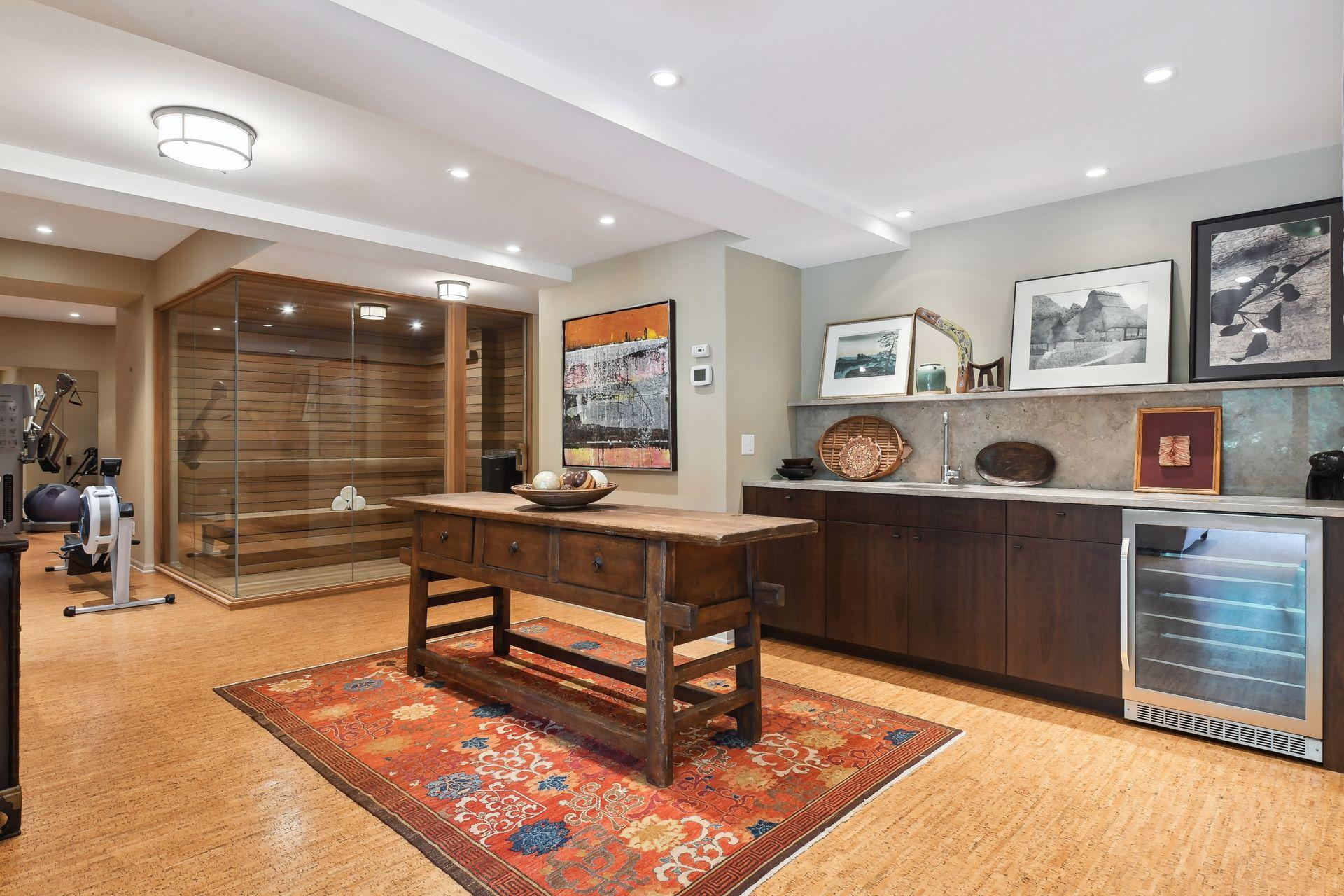 High end cork floors anchors the lower level.