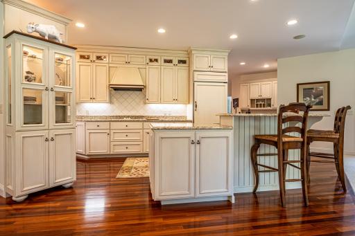 Main level kitchen features Brazilian walnut flooring, under cabinet lighting, granite countertops, paneled dishwasher, paneled commercial refrigerator, center island, and a tile backsplash.