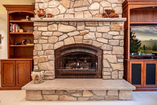 Lower level family room features a stone gas burning fireplace.