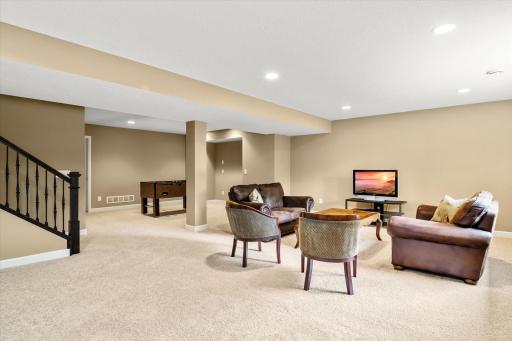 Lower level family room with plenty of space to entertain. The sellers also have a gas line behind the T.V for a future gas fireplace if that is what you want.