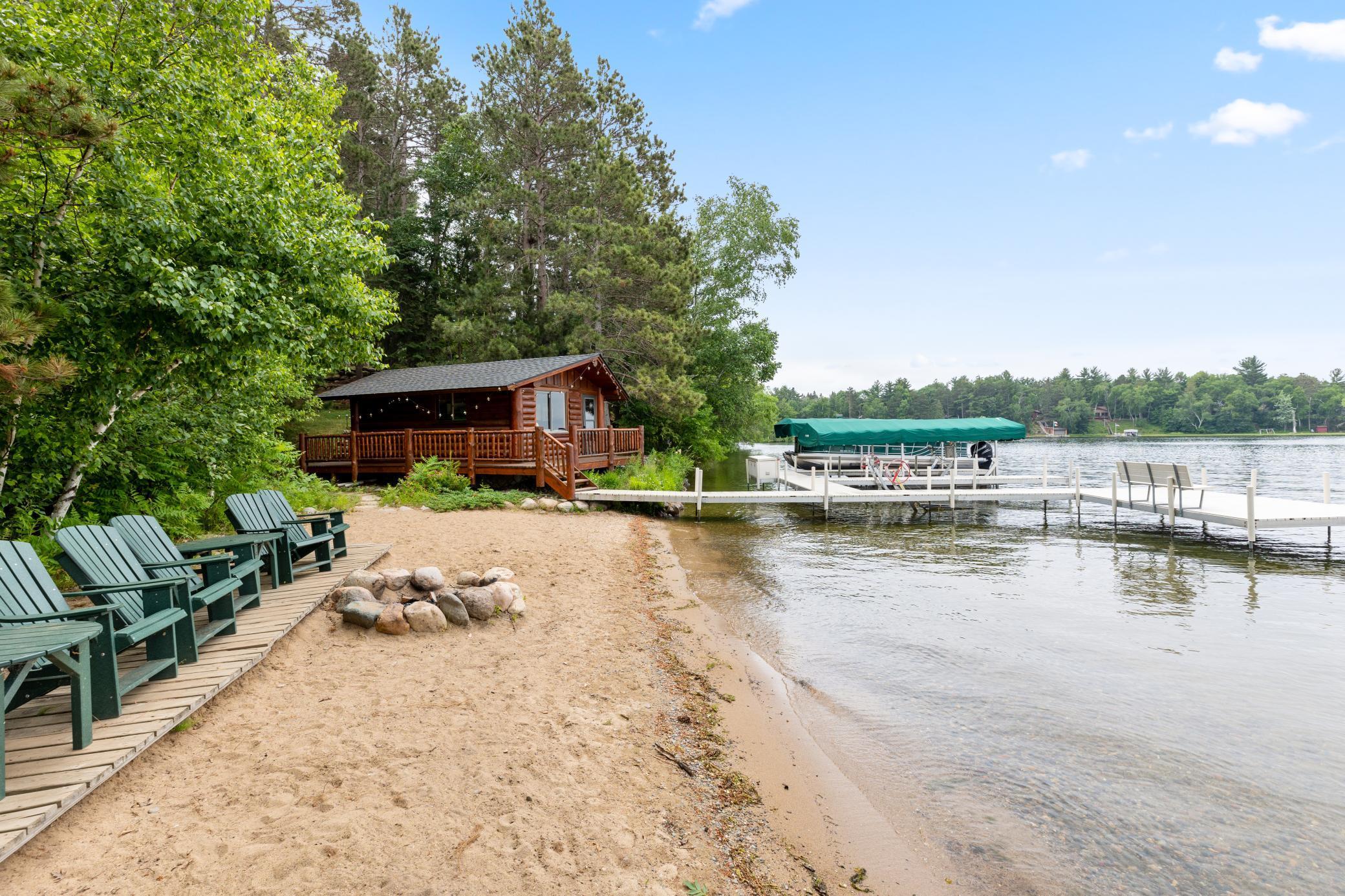 The Main Cabin offers two sandy beaches, both with docks for easy access to swimming and boating.