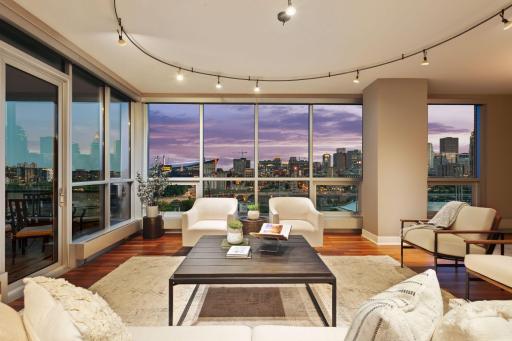 Your main living area facing the MPLS skyline, open floor plan adapts to all furnishing arrangements