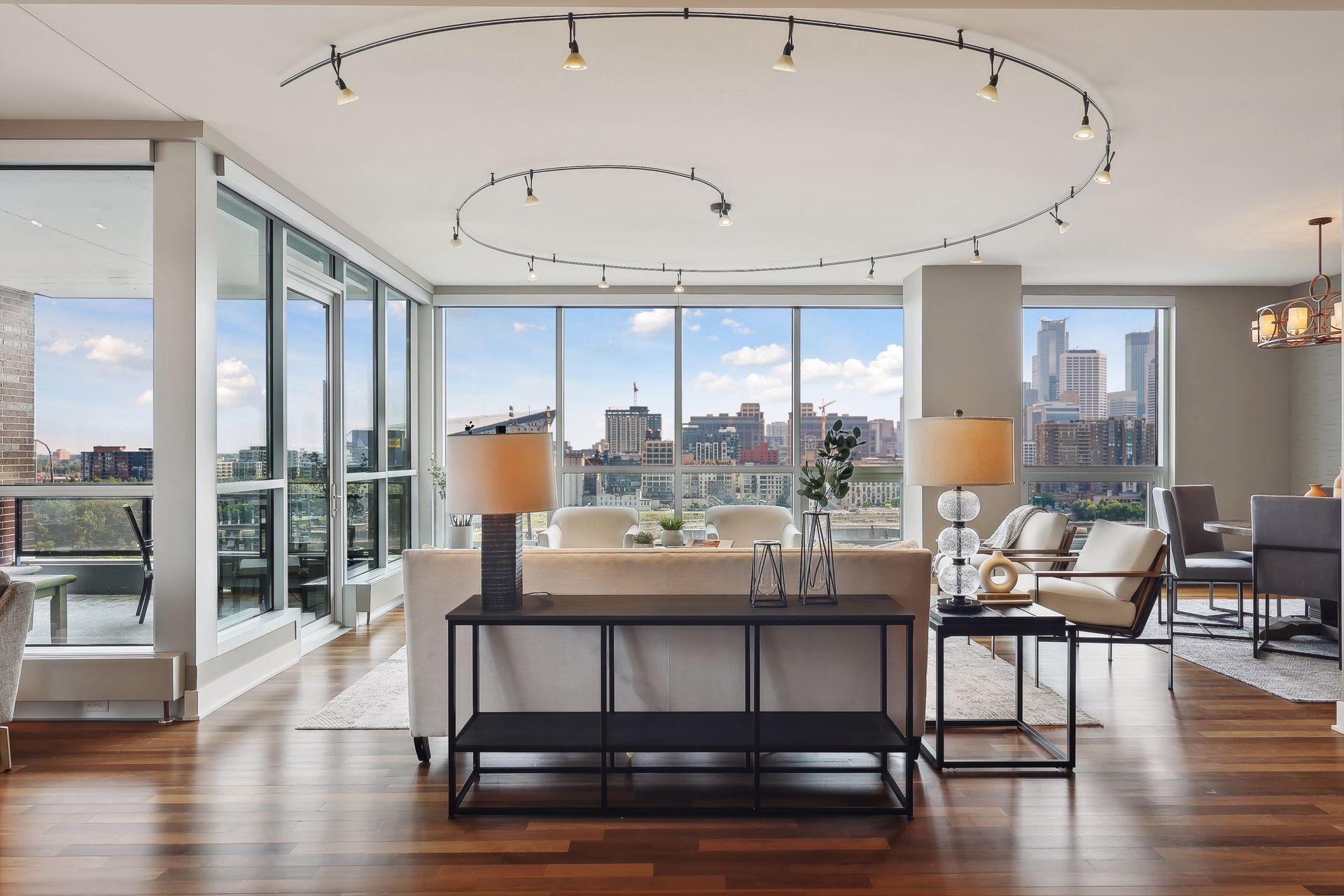 Symmetry and perfect lighting along with those views exude a calm where you can relax and just enjoy your surroundings. No...the lampshade is not crooked, it is US Bank Stadium across the river... :)