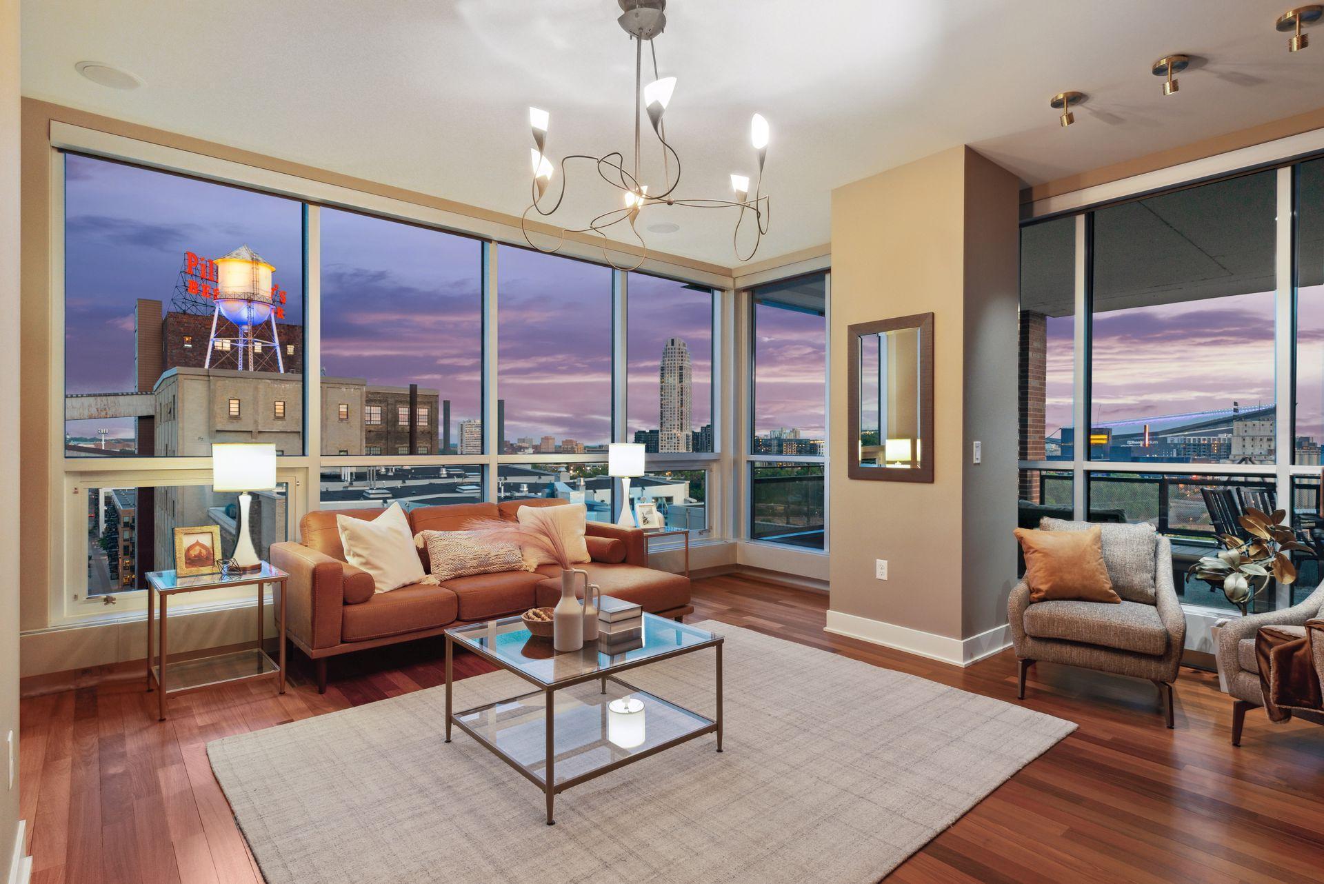 This southwest view from the media/hearth room really brings the evening colors of the sky into your room. Thank you Pillsbury for giving us that fun water tower and sign with creative lighting to add whimsy to the view!