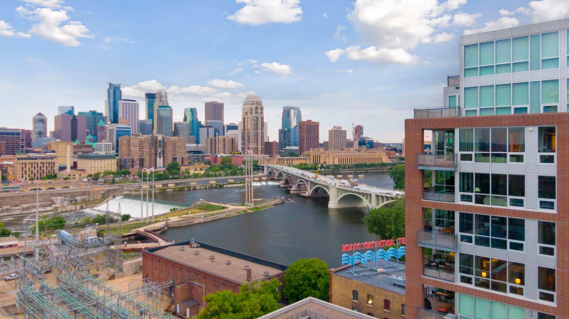 The Stone Arch Bridge, lock and dam, and St Anthony Falls