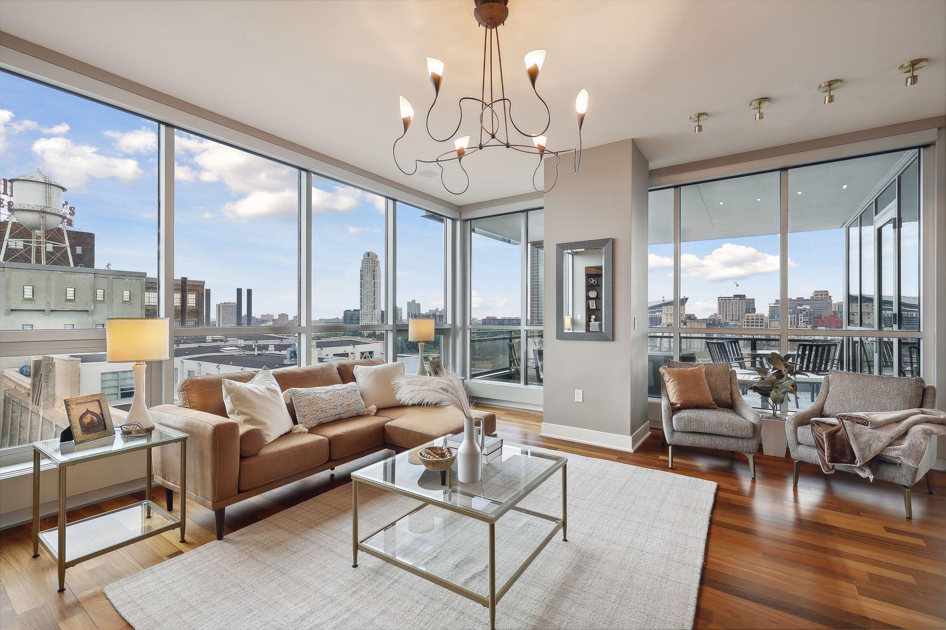 Mill City art lofts to the left and views through your outdoor terrace looking beyond to the Minneapolis skyline.