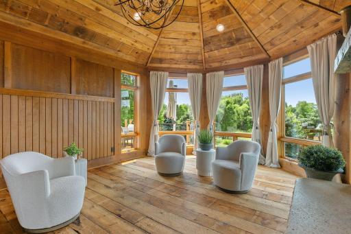 Rough cedar paneling on the walls and ceiling
