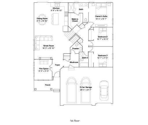 This image shows the layout of the main and upper levels. The actual available home will have the mirror image of this layout with the garage on the left. The Foster is an awesome floor plan for entertaining friends and family.