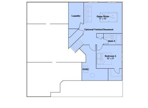 This is the layout for the finished lookout lower level including the Recreation Room, 4th Bedroom, Full Bathroom & large Laundry Room. Storage areas as well. The layout of the actual home is mirror image with the garage on the left.