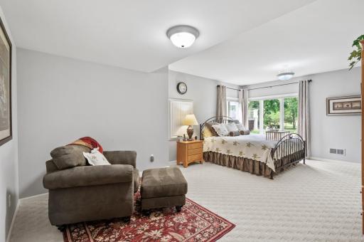 The lower-level bedroom has enough room for a sitting area.