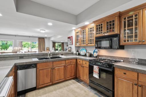 The lower level kitchen is complete with stove, dishwasher, microwave, and ice maker.