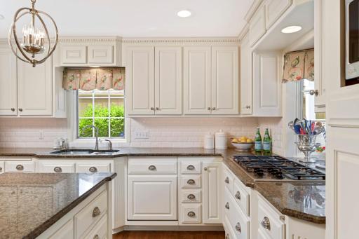 Detailed granite countertops and crown molding with dentil molding