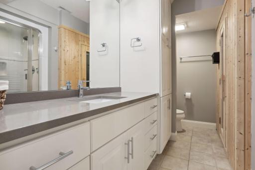 Lower level bathroom with sauna and steam shower