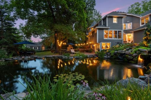Pond has underwater lights to feature the waterfalls