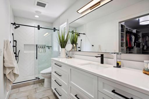 Plumbing is installed for the option of a dual sink vanity.