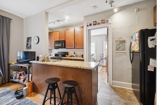 Kitchen counter also works great for easy sittingl