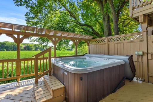 Hot tub deck has speakers and full audio.