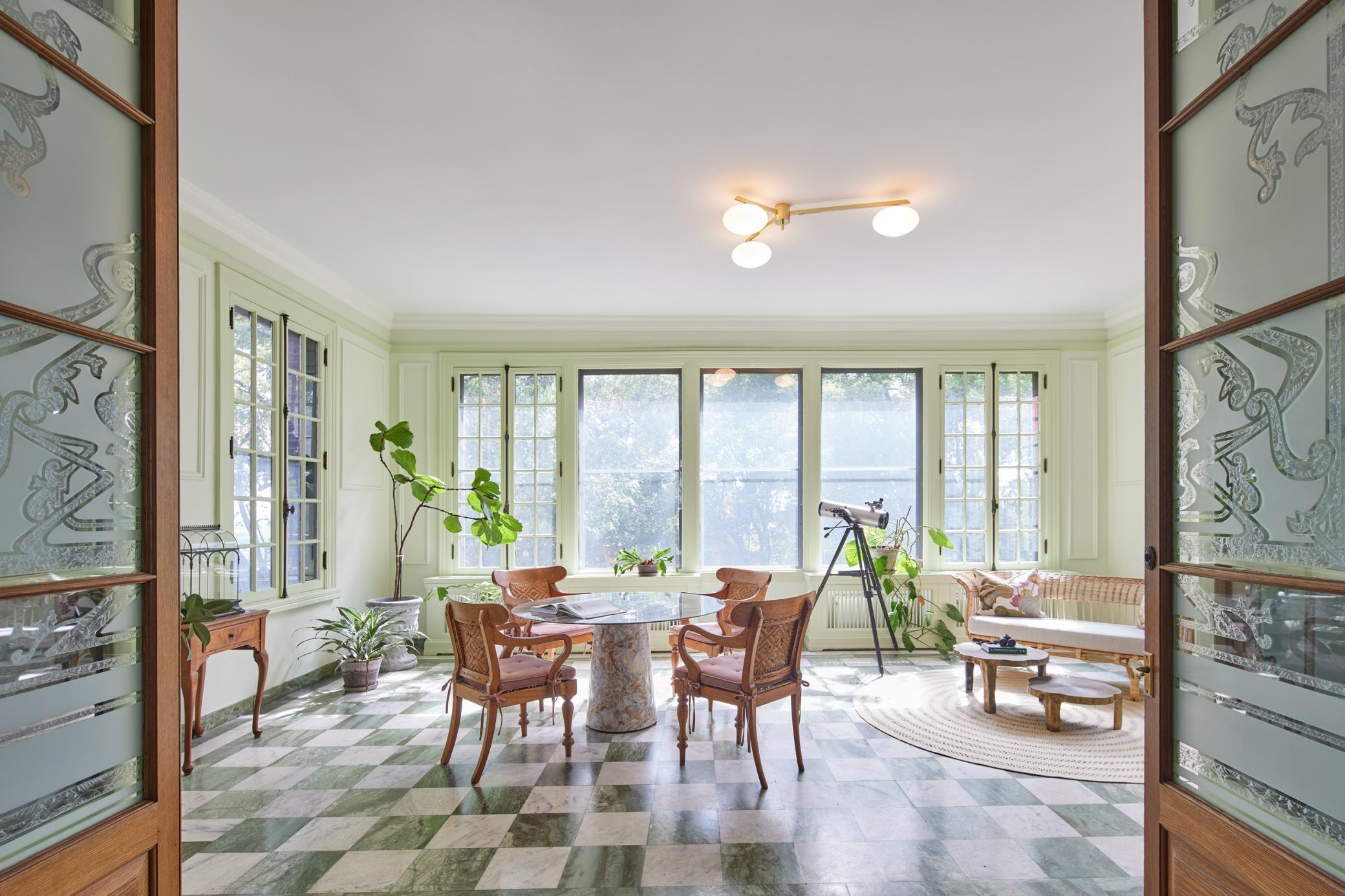 Glorious Sunroom with Green Marble Floors