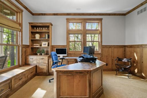Main level office with beautiful gorgeous custom built-ins!
