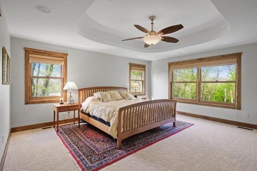 Executive Primary Suite on the upper level with a big walk-in closet with built-in organization and a luxurious private bathroom with in-floor heat, soaking tub, and more.