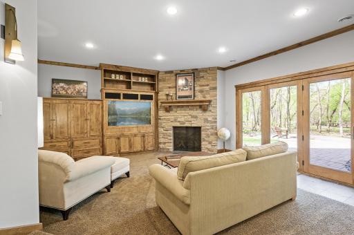 Lower level family room features another gas fireplace and built-in cabinetry, plus access to the patio, and backyard!