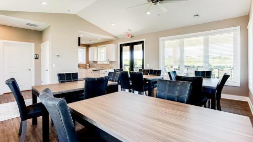 Spacious clubhouse has room for hosting and kitchenette for preparing snacks and beverages.