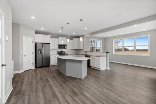 Open main level. Kitchen and dining over look family room. Colors and options may vary.