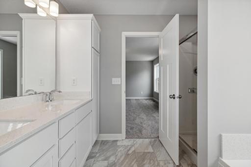 Private Owner's Bathroom separate soaking tub and oversized low maintenance shower.