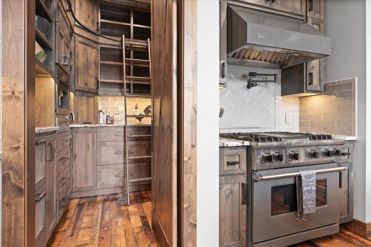 Large Butler Pantry with custom library ladder for reaching the higher shelves, Miele Coffee/Espresso Machine, Viking Convection wall oven, microwave, custom vegetable drawers and much more! The Range is a Viking Professional Series w/ a Pot Filler.