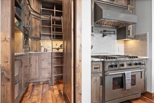 Large Butler Pantry with custom library ladder for reaching the higher shelves, Miele Coffee/Espresso Machine, Viking Convection wall oven, microwave, custom vegetable drawers and much more! The Range is a Viking Professional Series w/ a Pot Filler.